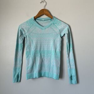 Iviva By Lululemon Girls Teal Swifly Fly Tech Long Sleeve V-Neck Top Blue Sz 10